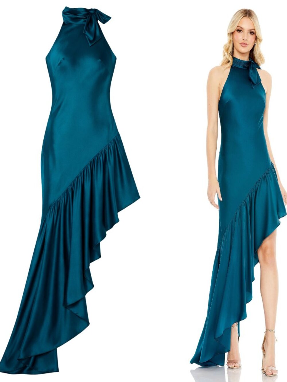 NWT Mac Duggal Asymmetrical Teal Satin Cocktail Maxi Dress, Size 8